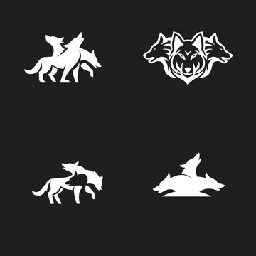 Various Stylized Wolf Logos Set: Howling Pack, Three-Headed Cerberus, and Dynamic Running Wolf Silhouettes