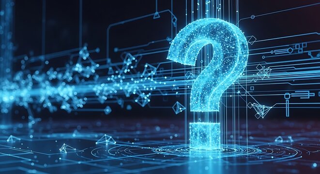 Question mark in futuristic digital environment.