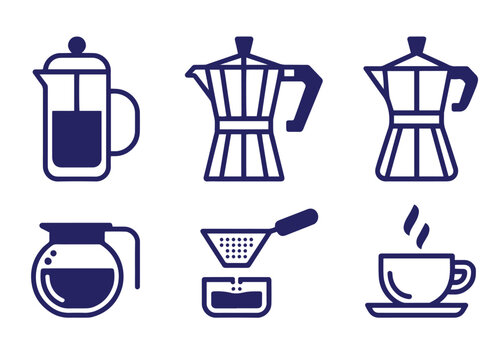Outlined dark blue icons depicting diverse coffee brewing equipment and accessories for drinks