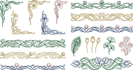 Antique art nouveau botanical dividers and corners set decorative colorful flower borders lily ginkgo leaf for wedding invitation template © MdAlom