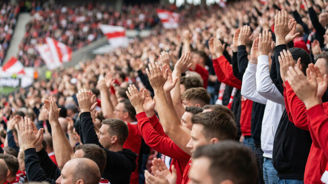 Football fan cheering crowd stadium supporter applause clapping terrace match. Fan cheering football crowd stadium soccer team audience group support during game match