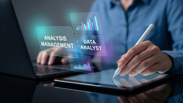 Data analyst analysis management ai summary concept modern workspace. Summary AI, intelligence report management, document information innovation system analysis, automation, data, summarize