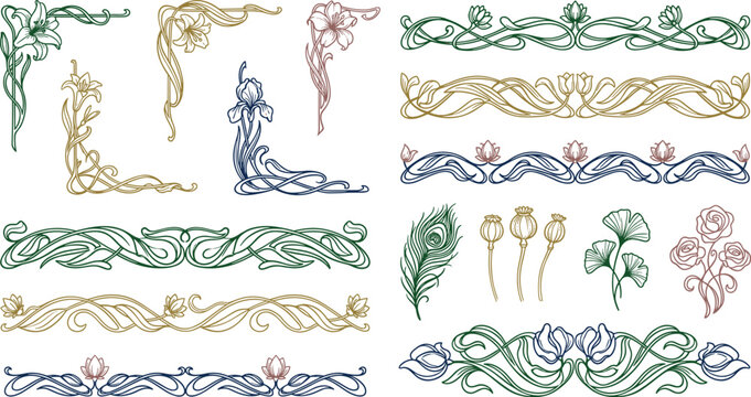 Antique art nouveau botanical dividers and corners set decorative colorful flower borders lily ginkgo leaf for wedding invitation template