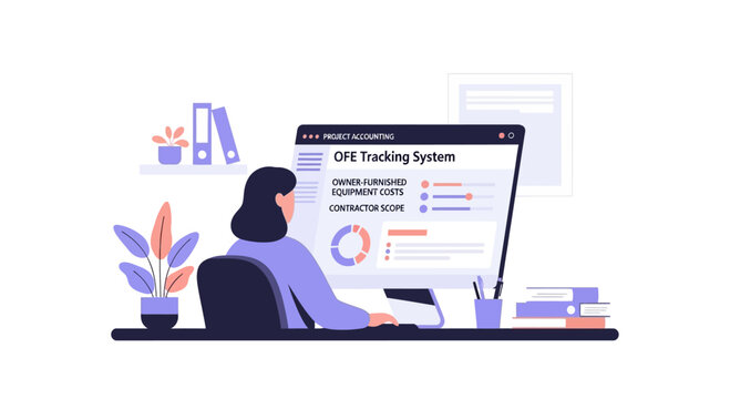 Woman working on computer with OEE tracking system dashboard, data analysis and performance monitoring