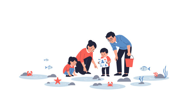 Family exploring tide pools, discovering marine life, crabs, starfish, fish, and shells.