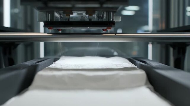 Industrial machine precisely spreading a layer of white powdery raw material on a conveyor belt, representing automation, precision, and technology in modern manufacturing