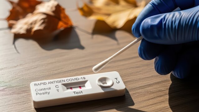 Autumn covid season, positive rapid antigen test kit result with seasonal leaves backdrop