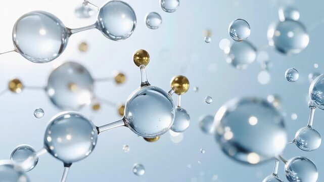 透明な美容成分分子とゴールド粒子が結合しながら浮遊する未来的な美容科学イメージ動画。ヒアルロン酸やコラーゲン、美容液成分、保湿エッセンスを連想させる抽象的なサイエンスCGビジュアル。透明感のあるウォータードロップと発光する光粒子が広がる高級感のあるスキンケア背景。化粧品広告や美容テクノロジーをイメージした映像素材 ジェネレーティブAI