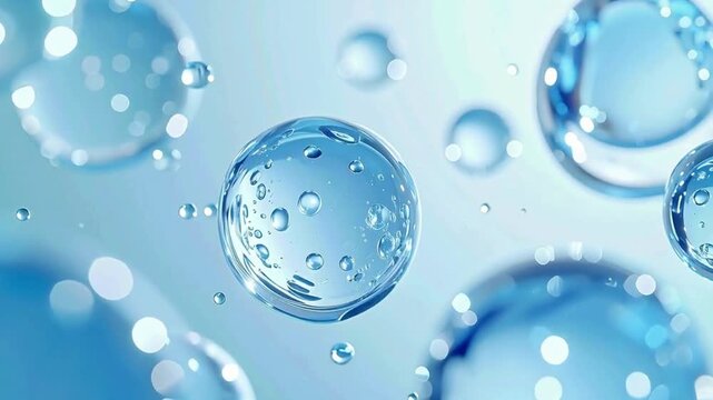 透明感あふれる青い美容液バブルと微細な発光粒子がやさしく浮遊する、美容科学をテーマにしたラグジュアリーなスキンケアイメージ動画。ヒアルロン酸やセラミド、コラーゲンなどの保湿美容成分を連想させる透明な分子表現と、みずみずしいウォータードロップが広がる未来的なコスメ広告風ビジュアル。高保湿、潤い、透明感、浸透感をイメージした抽象的な美容CG背景素材 ジェネレーティブAI