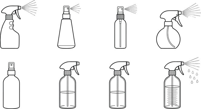 Spray Bottle Icon Set Featuring Trigger Sprayers and Mist Pumps for Cleaning Cosmetic and Gardening Product Packaging Designs