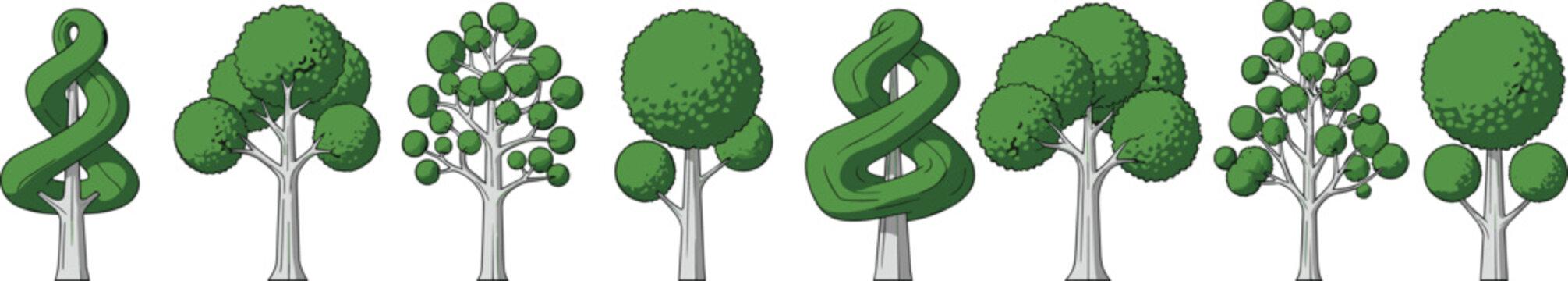 Vector illustration collection of seven stylized trees with spiral and rounded canopy designs in alternating artistic variations