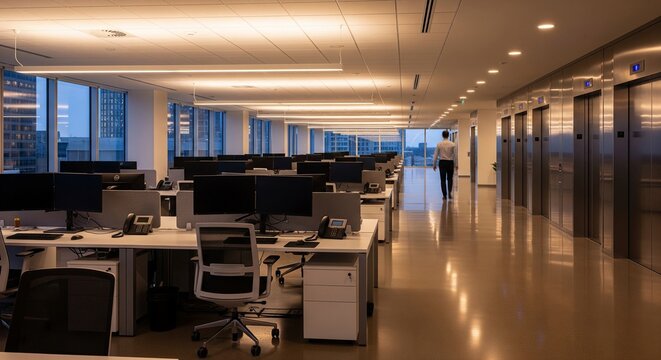 Modern office interior with rows of desks and computers, and a person walking down the corridor near elevators