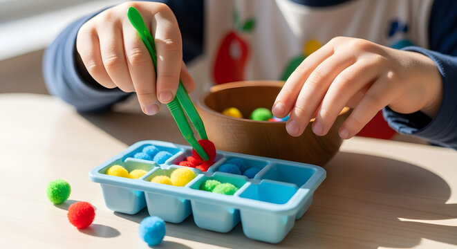 Montessori sensory activity for toddlers, child hands using tweezers for color sorting, educational fine motor skills development game with pom poms