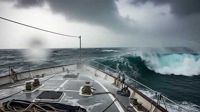 A large vessel navigates through rough ocean waves during a heavy storm at sea