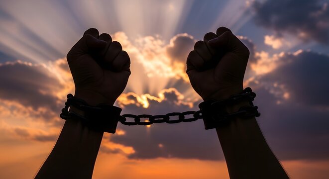 Silhouette of hands in chains against a sunset sky background