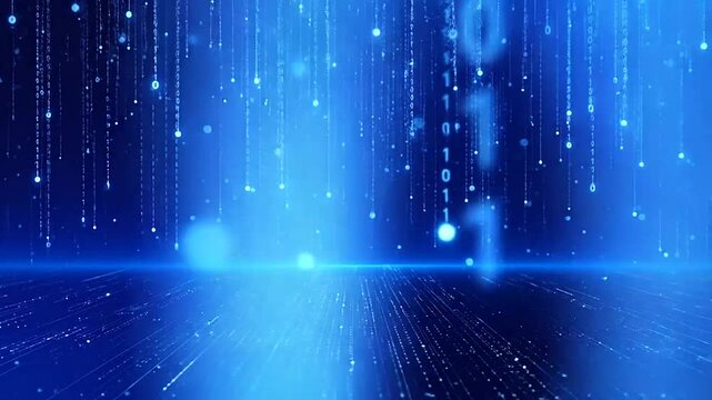 A digital background featuring falling binary code on a dark blue surface