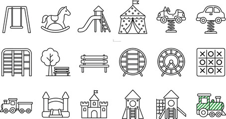 Fototapeta premium Playground and amusement park line icons set featuring swing, slide, bouncy castle, circus tent, and outdoor recreation equipment for children play area design.