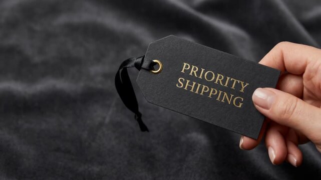 Black priority shipping tag held by hand velvet background with black luxury label and gold foil text conveying urgency and elegance for premium