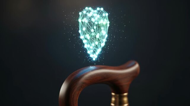 Smart wooden cane with walking stick handle and smart medical device showing glowing ai network heart hologram for eldercare futuristic assistive