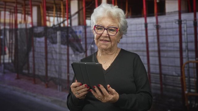 Senior woman holding tablet with hands tapping touchscreen on a street with scaffolding and building; gentle curiosity contentment.