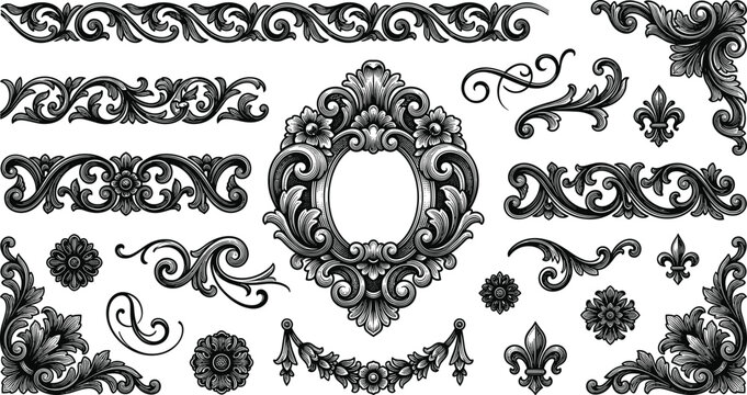 Luxury vintage baroque frame and borders vector set with detailed engraving swirls elegant filigree corners ornaments bundle for invitations