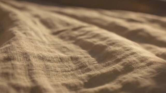 Close-up of the textured surface of a light brown fabric, showing delicate folds and shadows