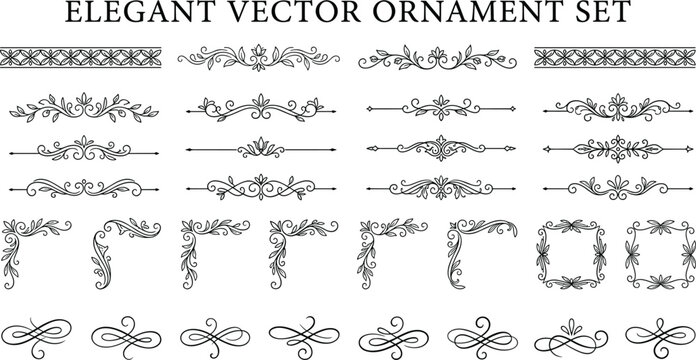 Minimalist calligraphic page dividers bundle classic ornamental flourishes corners and text borders for luxury certificate template design