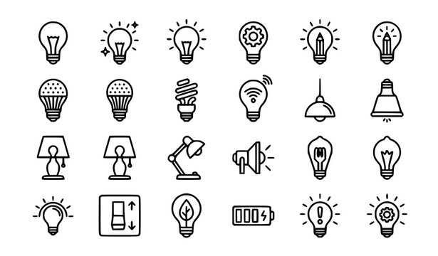 Modern lightbulb icon set vector with electric lamp innovation and idea symbols in thin flat style