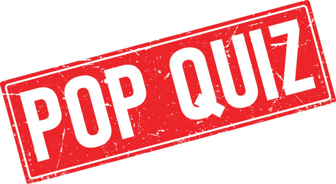 Angled red rubber stamp impression with white text POP QUIZ and an arrow element