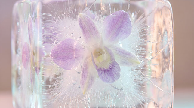 Extreme macro photography of a purple orchid flower frozen in a clear ice block with intricate crystalline cracks, micro-bubbles and refreshing summer textures.