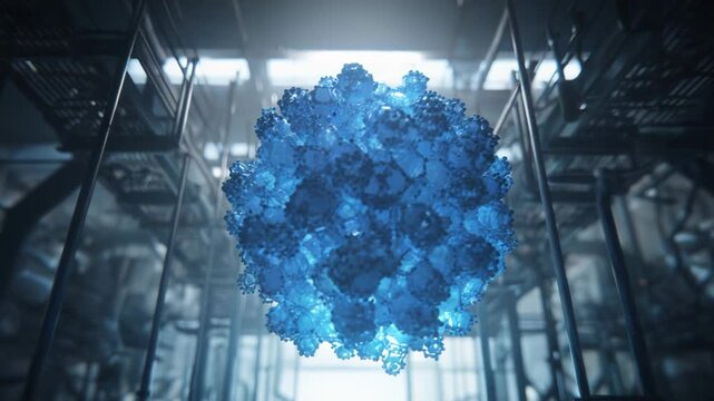 Blue molecular structure floating in a modern, gleaming scientific laboratory setting, representing cutting edge research, biotechnology, and medical advancements