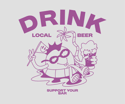 Summer Beer T-shirt Design for Print. Apparel Design for Brand, Vintage Classic Beer Graphic Cartoon Vector Illustration. Vacation, Holiday 