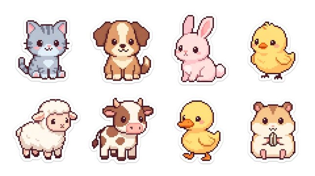 Set Stickers Of Baby animal pixel art with kitten, puppy, bunny, chick, lamb, calf, duckling, and hamster, adorable retro pixel illustration