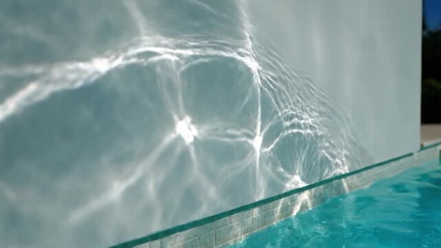 Sunlight on water creating shimmering reflections on a white wall next to a swimming pool