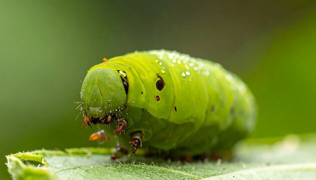 Green caterpillar on leaf eating plant.