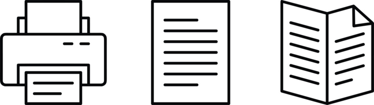 Document and printing line icon collection featuring printer paper brochure files and office stationery vector symbols set