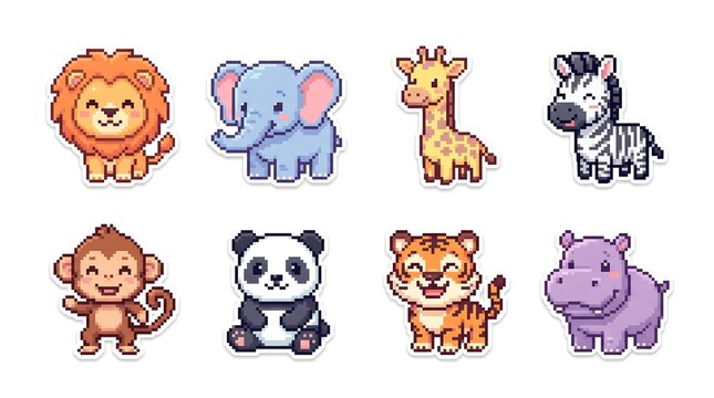 Set Sticker Of Cute pixel art animal featuring lion, elephant, giraffe, zebra, monkey, panda, tiger, and hippo, retro 2D pixel illustration