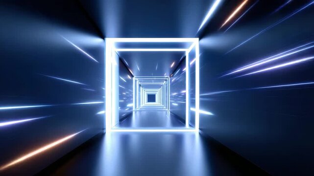 Abstract tunnel corridor with glowing square frame and blue light streaks, futuristic perspective, digital motion, neon space, abstract tunnel corridor with glowing square frame and blue light