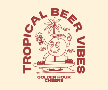 Summer Beer T-shirt Design for Print. Apparel Design for Brand, Vintage Classic Beer Graphic Cartoon Vector Illustration. Vacation, Holiday 