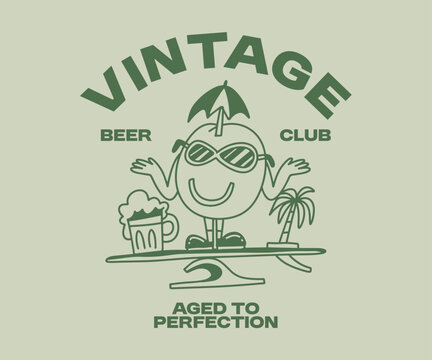 Summer Beer T-shirt Design for Print. Apparel Design for Brand, Vintage Classic Beer Graphic Cartoon Vector Illustration. Vacation, Holiday 