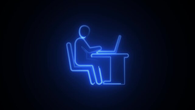 Neon Blue Line Person Working on Laptop Computer in Dark Background human sitting