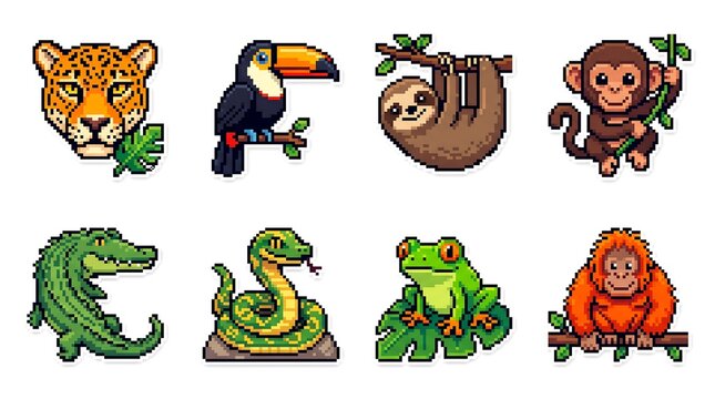 Set Stickers Of Jungle animal pixel art featuring jaguar, toucan, sloth, chimpanzee, crocodile, snake, frog, and orangutan, vibrant retro pixel art, playful gaming icon style
