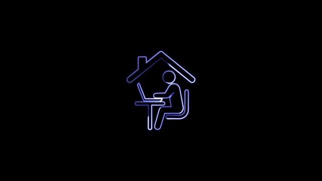 Remote worker sitting at desk under roof using laptop computer neon style telecommute home office neon sign