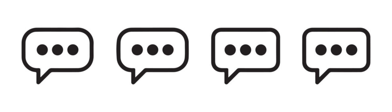 Set of four black rectangular speech bubbles with three dots icon on transparent background.