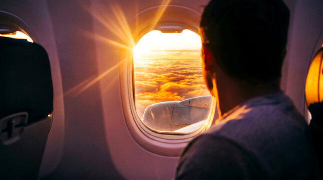 Man looking out airplane window at sunset with clouds and engine view