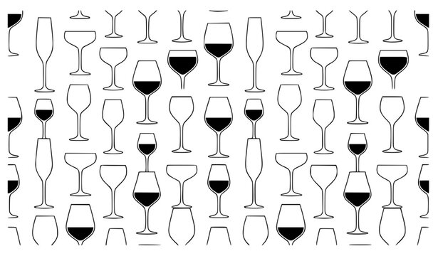 Elegant wine and champagne glass seamless pattern vector illustration isolated on white background