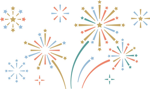 Fireworks illustration portrays stylized star shaped bursts in a vibrant festive arrangement.