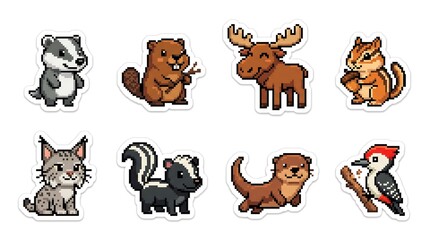 Obraz premium Set stickers of woodland animal pixel art with badger, beaver, moose, chipmunk, lynx, skunk, otter, and woodpecker, charming retro pixel illustration, cozy forest aesthetic