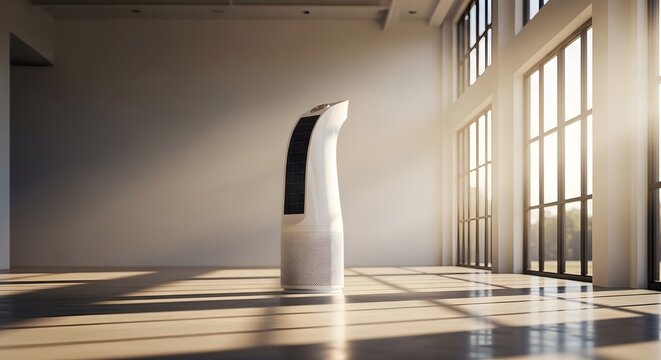 Modern robotic device in bright room with sunlight and shadow