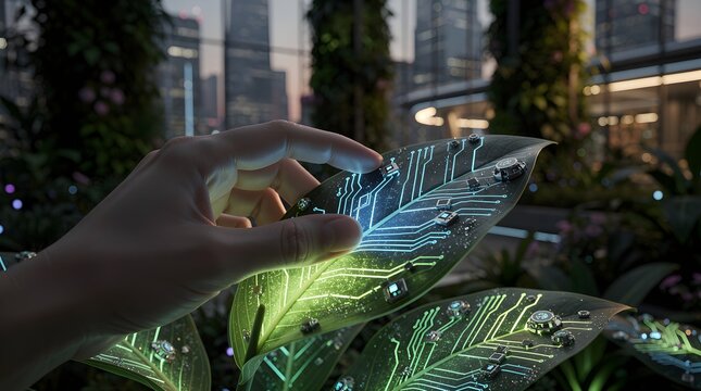 Hand touching digital leaf with circuit board design in a modern setting